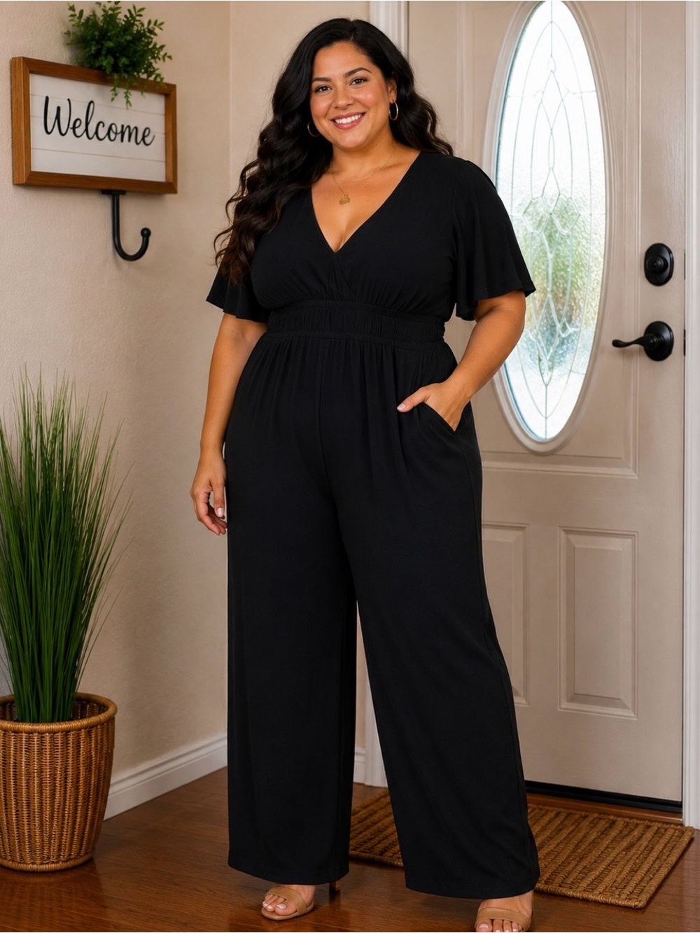 Old Navy Black V-Neck Wide-Leg Jumpsuit with Pockets